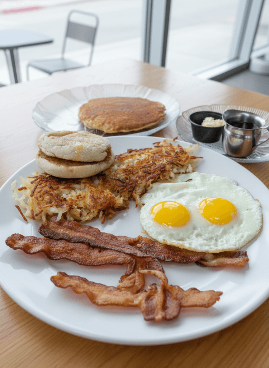 Cornhusker - The works! Two eggs, your choice of four bacon strips or sausage links, country potatoes, English mu - U.S. Egg Brunch & Cocktails menu item