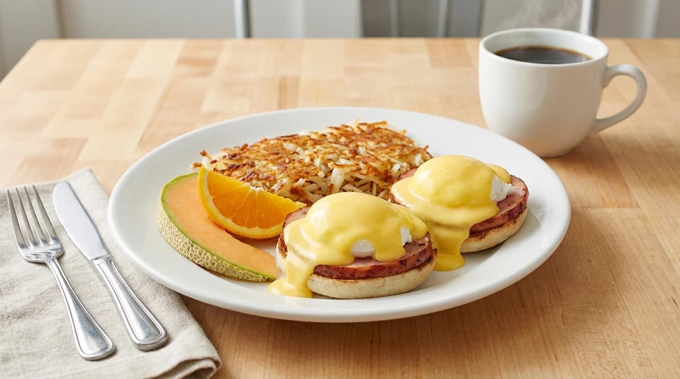 Classic Eggs Benedict - Honey cured ham, two perfectly poached eggs, and creamy hollandaise sauce on a toasted English muffi - U.S. Egg Breakfast & Lunch menu item