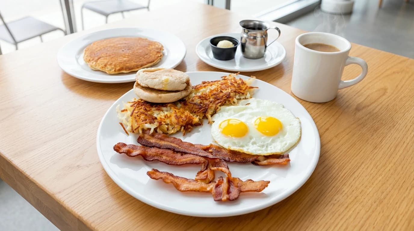 Cornhusker - The works! Two eggs, your choice of four bacon strips or sausage links, country potatoes, English mu - U.S. Egg Breakfast & Lunch menu item