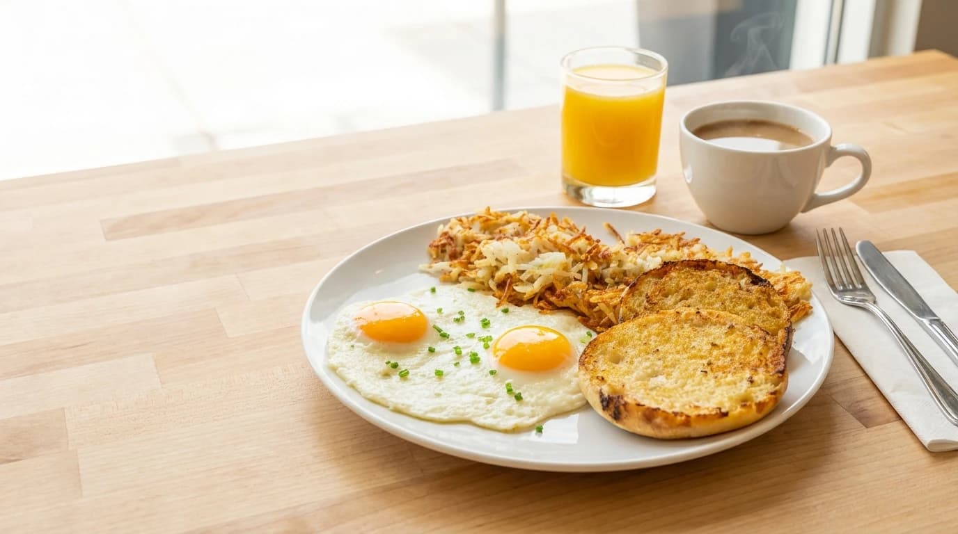 Traditional Breakfast - Two farm-fresh eggs cooked your way, served with hashbrowns, and a toasted English muffin. Simple, s - U.S. Egg Breakfast & Lunch menu item