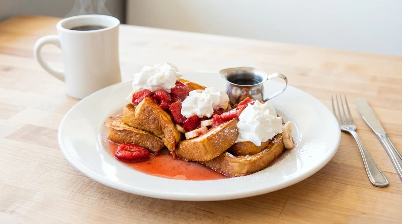 Bay Area French Toast - Berry Delight - Our classic French toast elevated with a generous topping of fresh sliced strawberries, ripe bananas - U.S. Egg Breakfast & Lunch menu item (vegetarian)