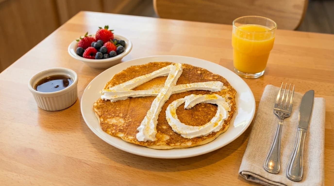 Anniversary Pancakes - Buttermilk pancakes topped with whipped cream and gold sprinkles. Whipped cream shaped as the number - U.S. Egg Breakfast & Lunch menu item (vegetarian)
