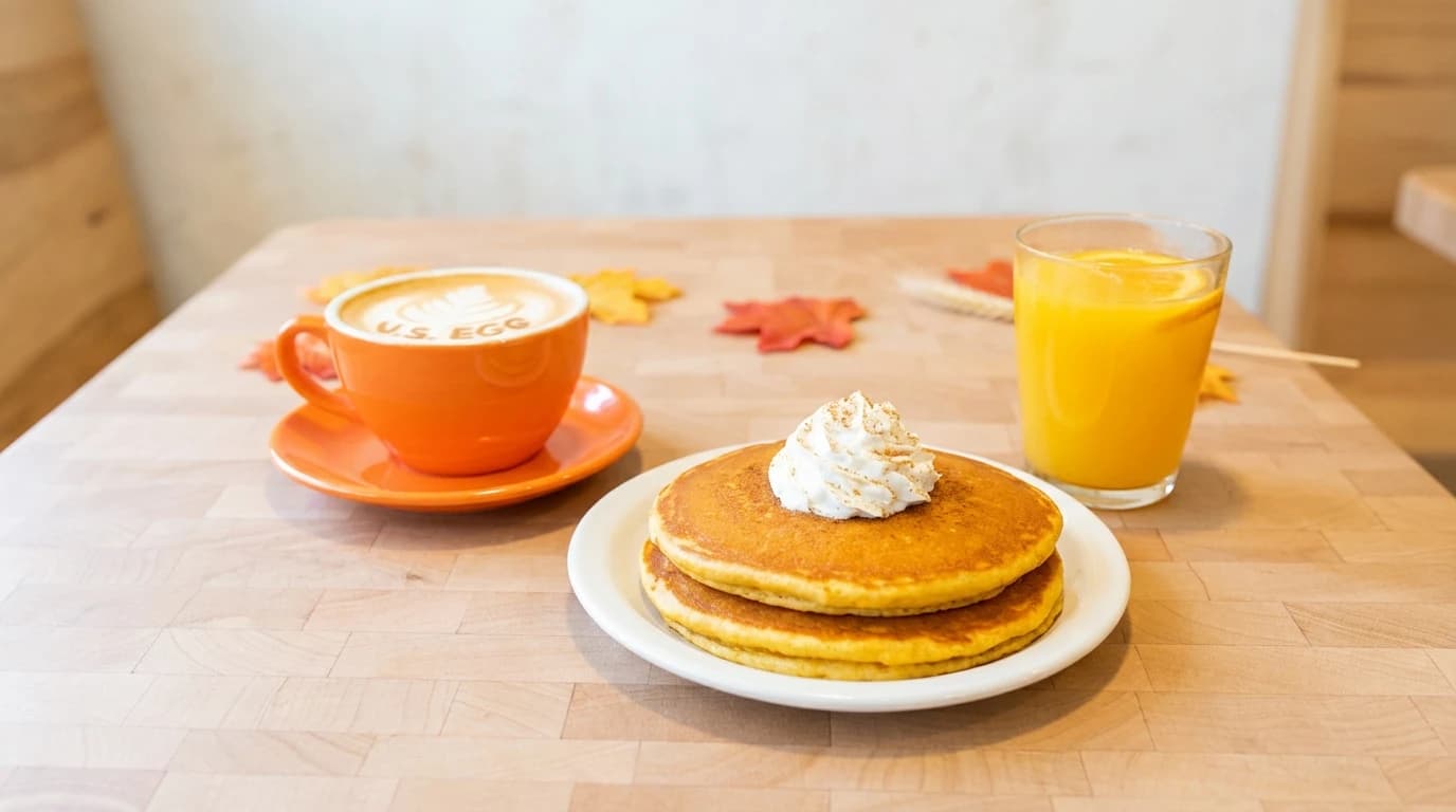 Gourmet Pumpkin Spice Pancakes - Our freshly made, fluffy pumpkin spice pancakes are the ultimate fall breakfast. Infused with real p - U.S. Egg Breakfast & Lunch menu item (vegetarian)