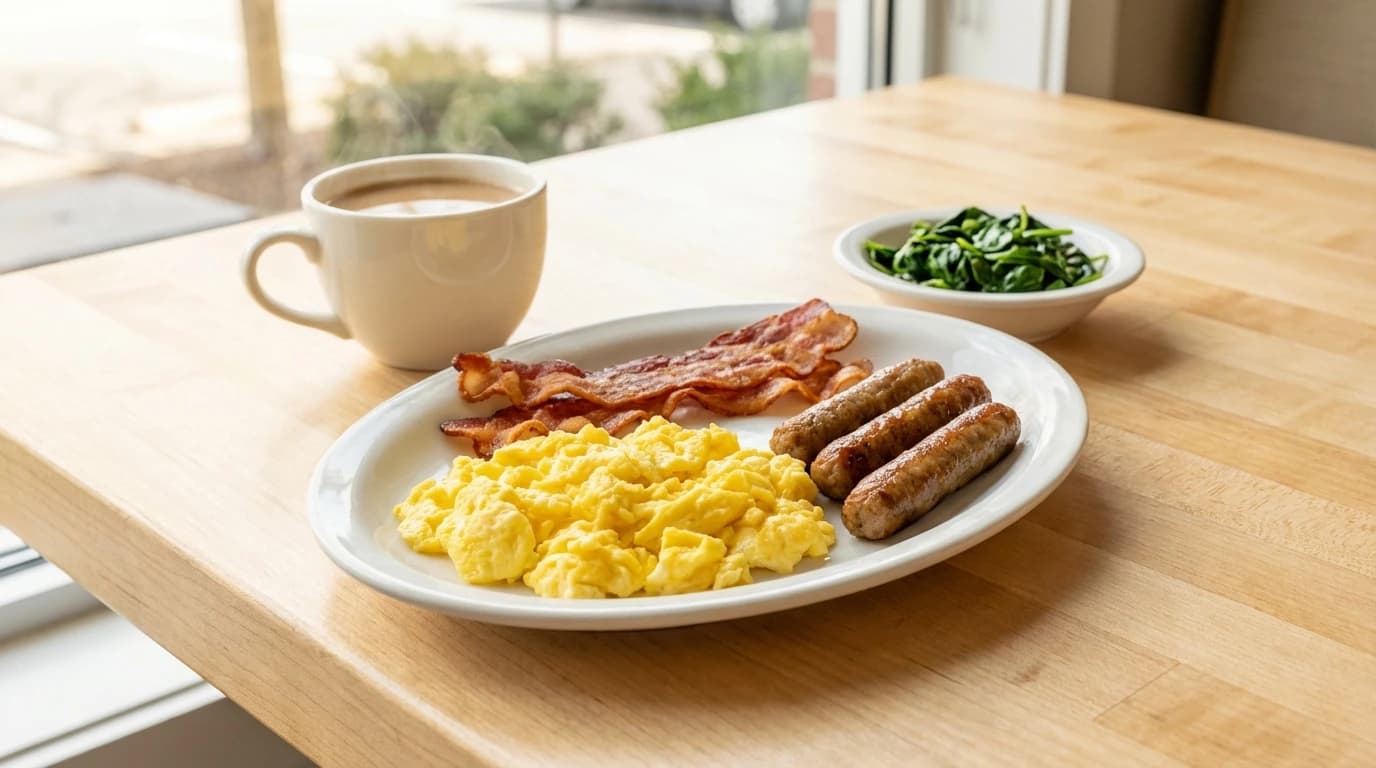 Kansas City Scramble - Keto Protein Power - Four crispy bacon strips, four savory sausage links, and three eggs scrambled together. - U.S. Egg Breakfast & Lunch menu item