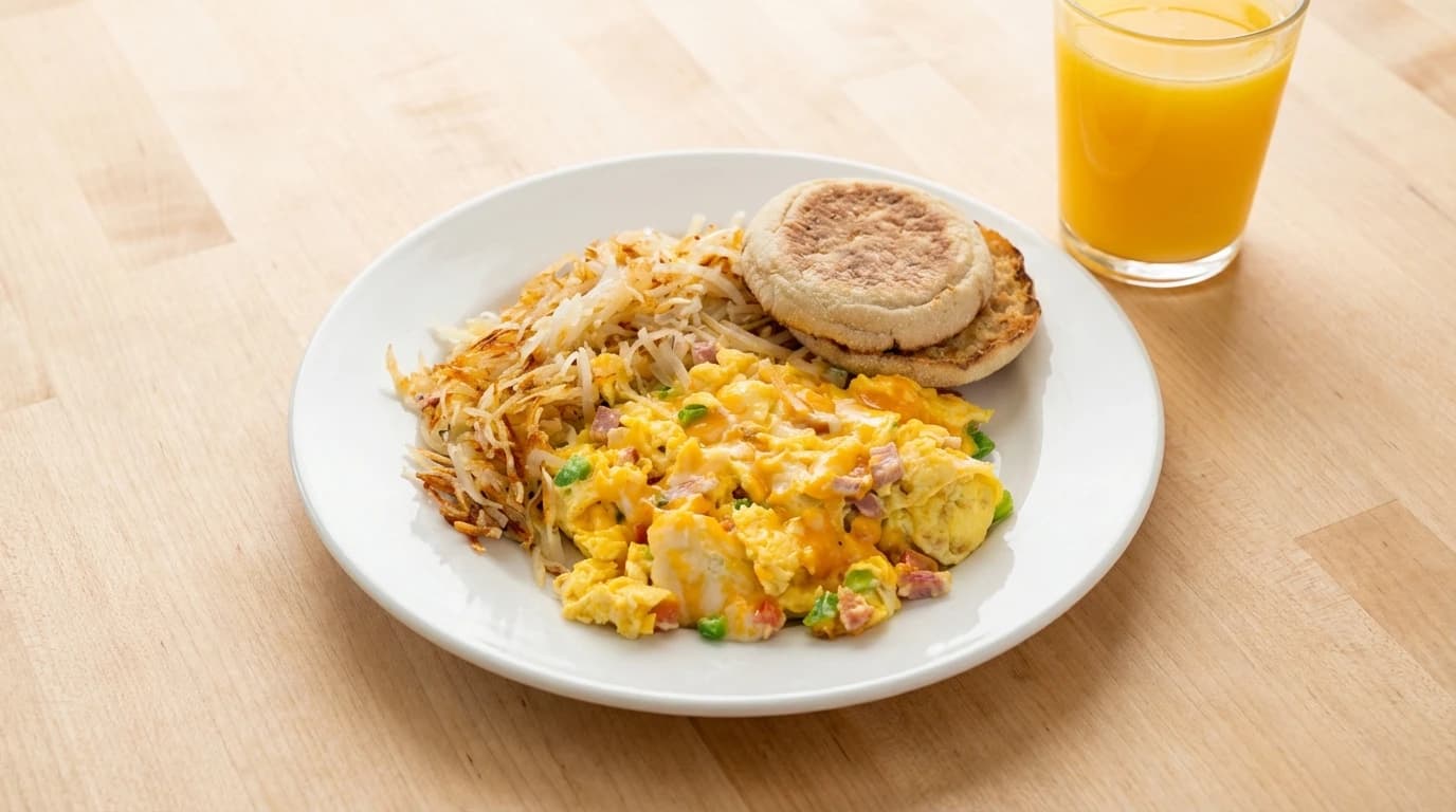 Western Scramble - Diced ham, sautéed onions, green peppers, diced tomatoes, and melted cheese, scrambled with eggs for - U.S. Egg Breakfast & Lunch menu item