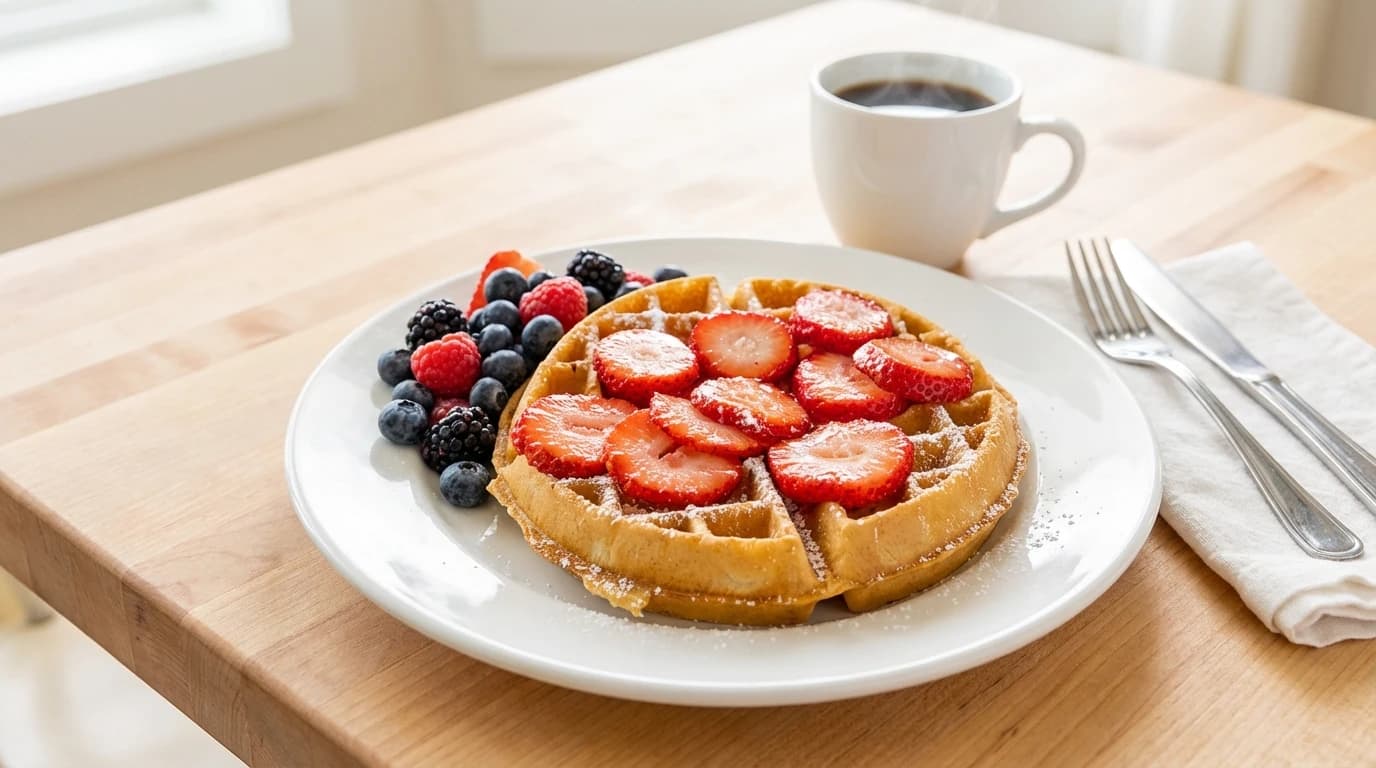 Gourmet Pumpkin Spice Waffle - A crisp, golden waffle made with seasonal pumpkin and warm cinnamon, topped with sweet whipped cream - U.S. Egg Breakfast & Lunch menu item (vegetarian)