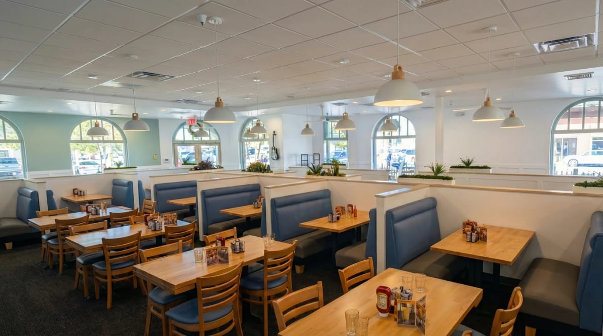 U.S. Egg Tempe location newly rebuilt interior with blue booths