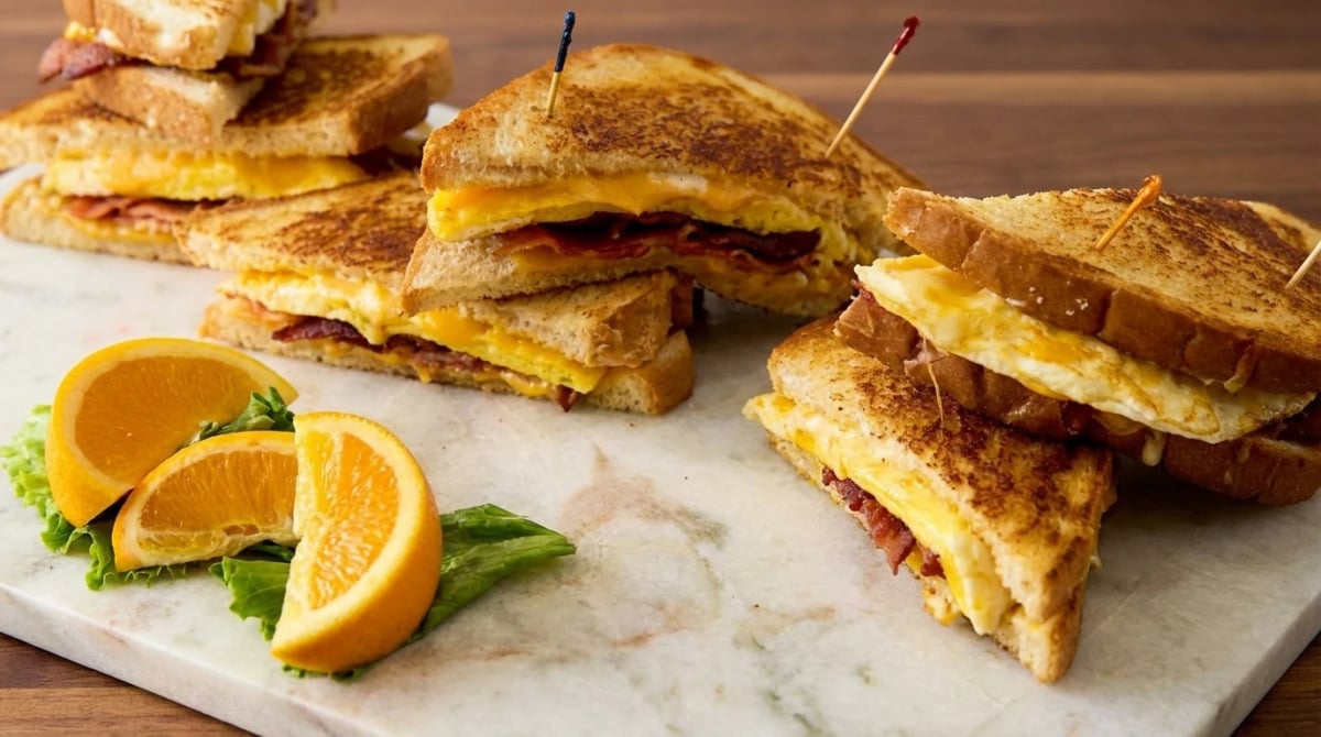 Stacked breakfast sandwiches with egg, bacon, and melted cheese