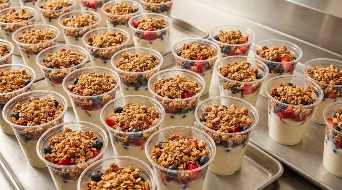 Yogurt parfait preparation — individual servings for catered events