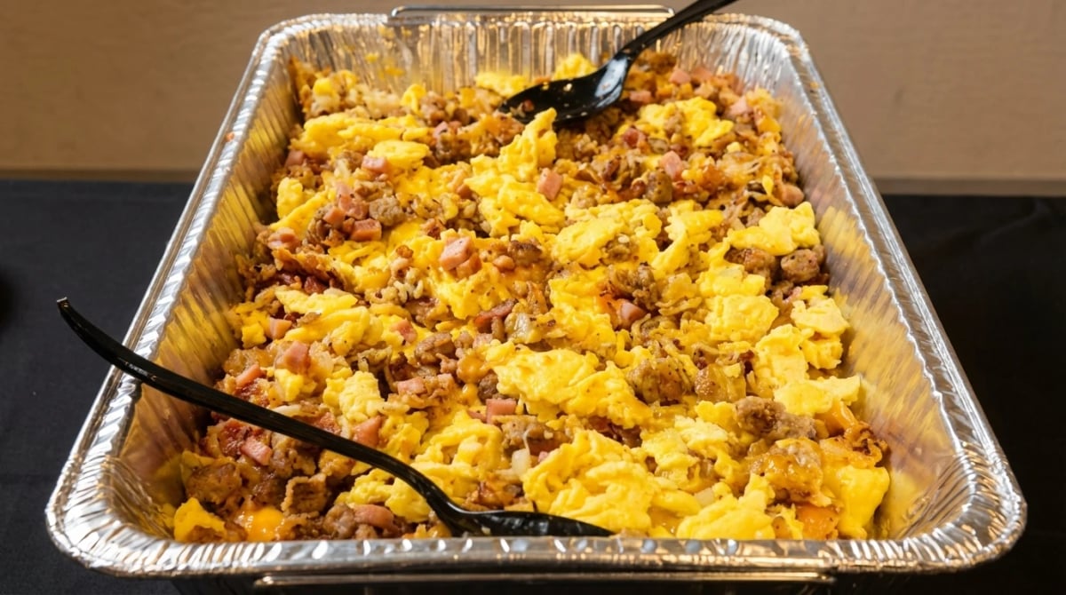 Meat lovers scramble tray — hearty breakfast catering option