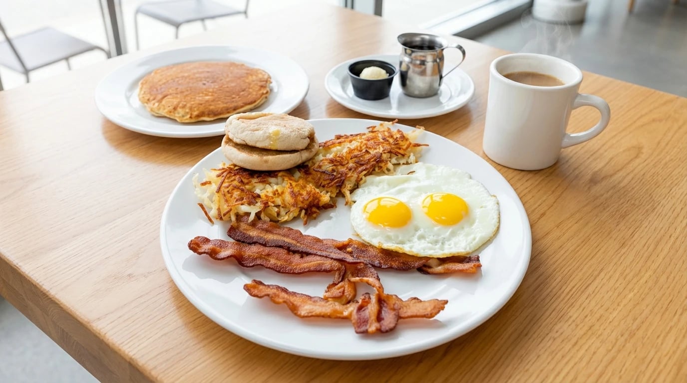 Cornhusker - The works! Two eggs, your choice of four bacon strips or sausage links, country potatoes, English mu - U.S. Egg Brunch & Cocktails menu item