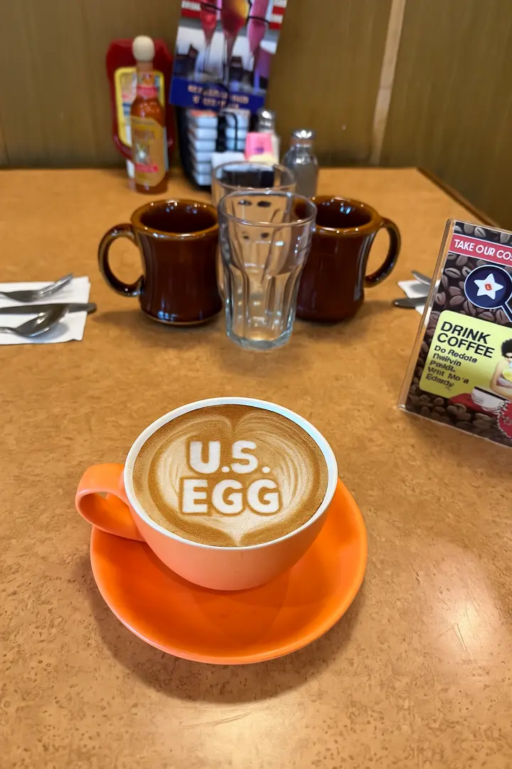 Fall pumpkin spice specialties at U.S. Egg - pancakes and latte