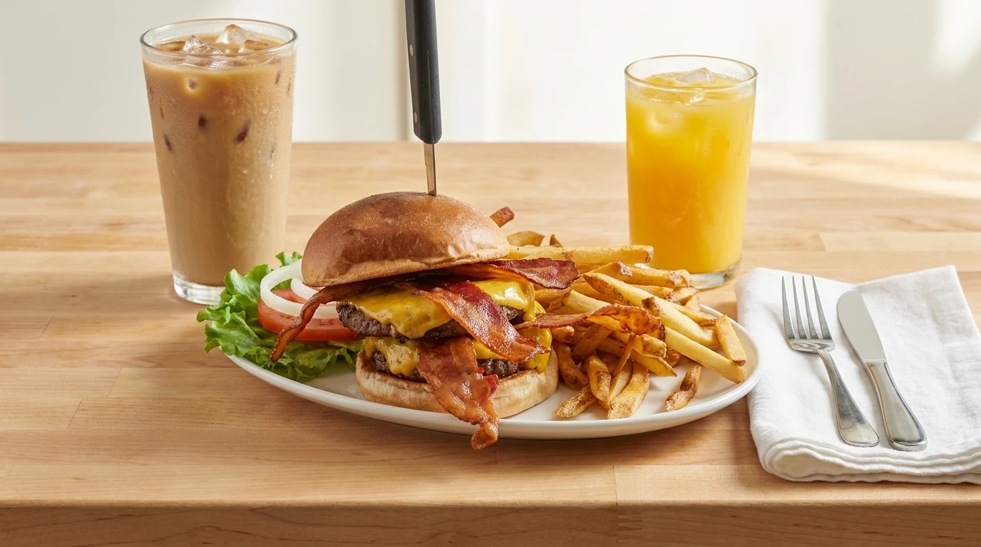 Big Daddy Burger — a double bacon cheeseburger with melted cheddar, lettuce, tomato, and onion, served with a side of fries, an iced latte, and fresh orange juice.