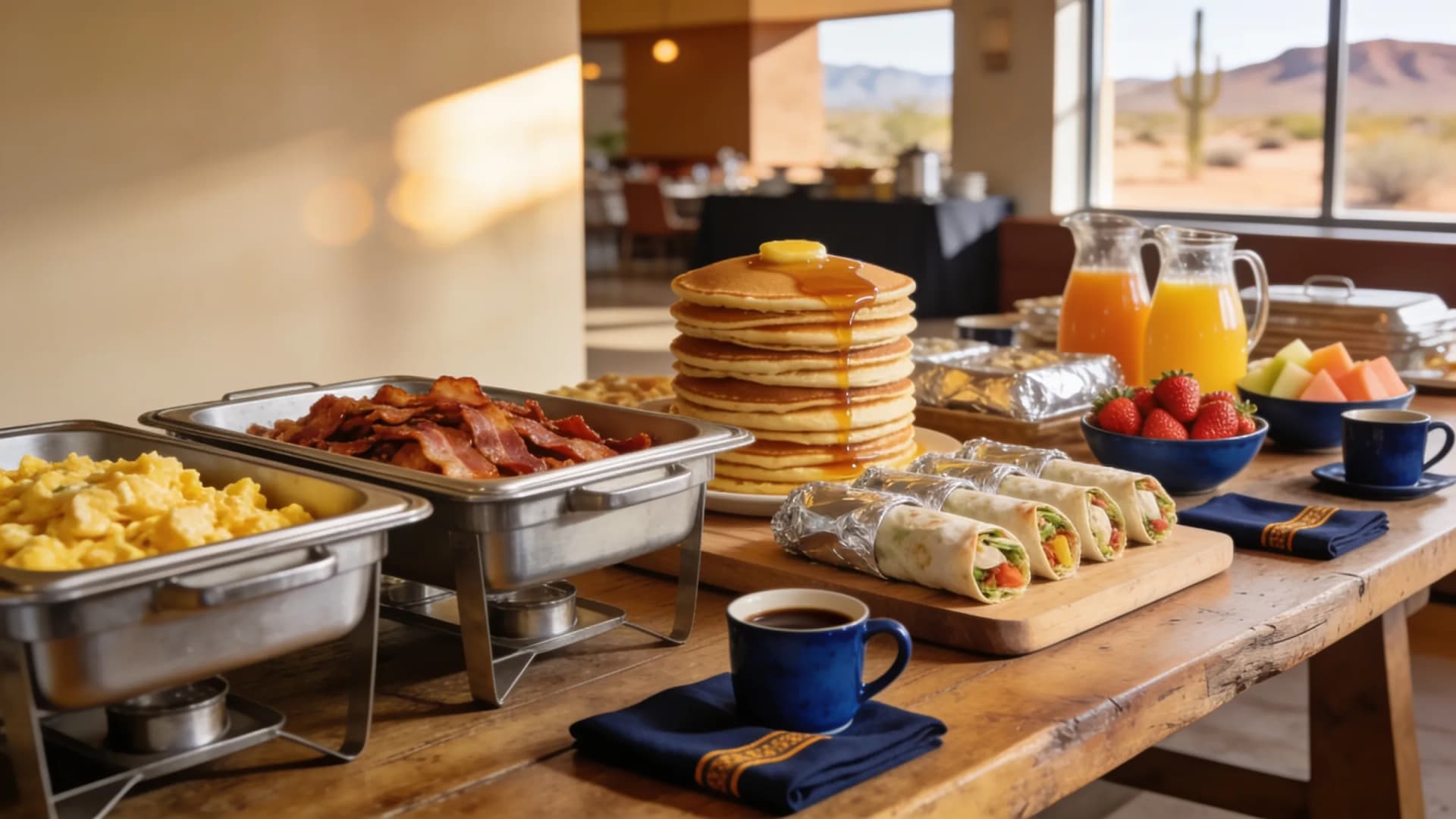 Breakfast catering spread with pancakes, scrambled eggs, bacon, breakfast burritos, fruit, juice and coffee in a sunlit Arizona event space