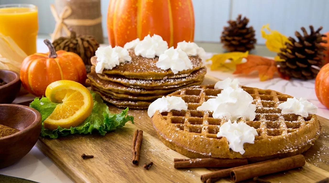 Autumn-themed breakfast with pumpkin pancakes, warm spices, and seasonal decorations