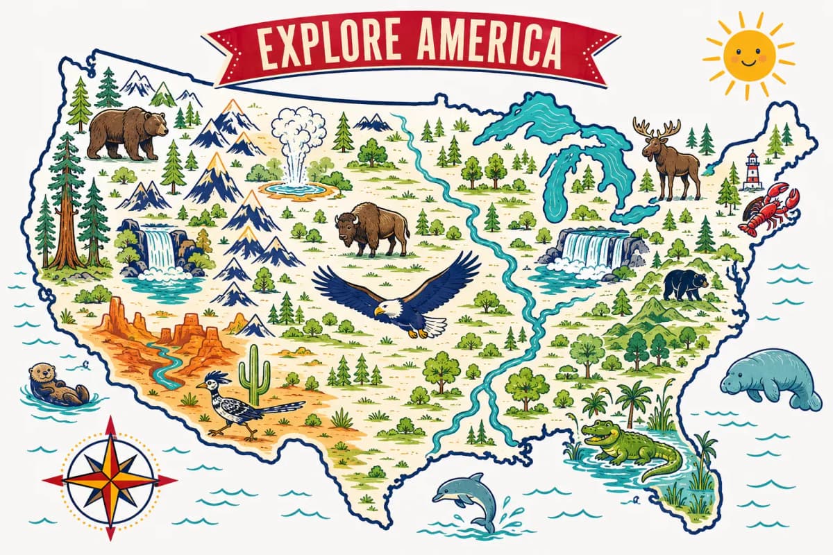 Colorful illustrated U.S. Egg Explore America map for kids, with friendly icons of landmarks and foods across the United States