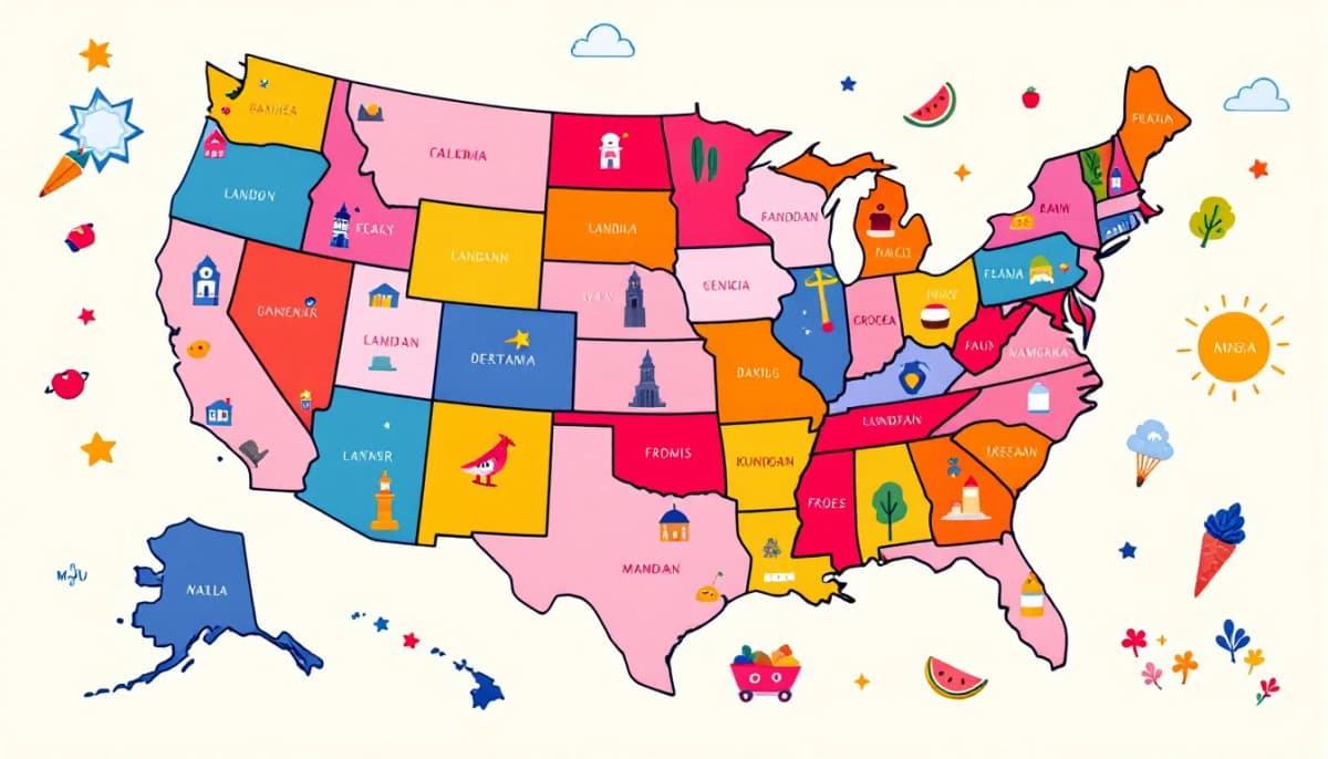 Colorful illustrated U.S. Egg Explore America map for kids, with friendly icons of landmarks and foods across the United States