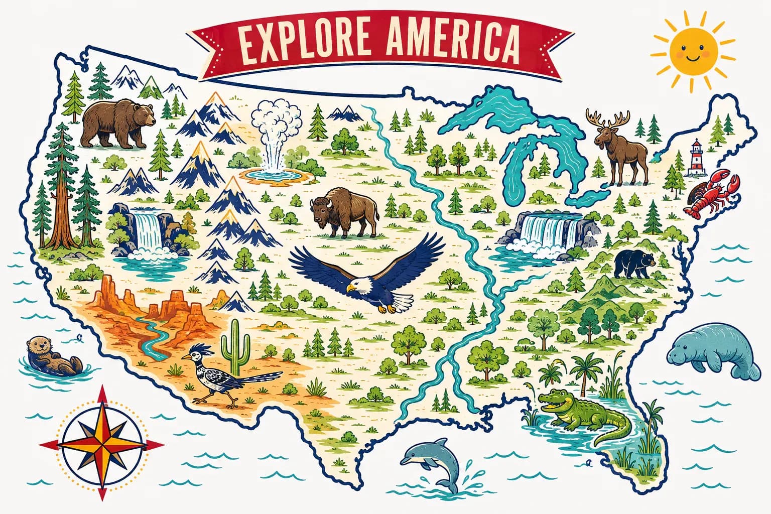 Colorful illustrated U.S. Egg Explore America map for kids, with friendly icons of landmarks and foods across the United States