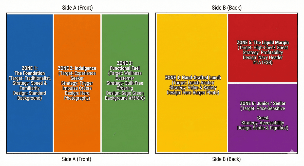 U.S. Egg Six-Zone Menu Layout Mockup - Side A (Front) and Side B (Back)