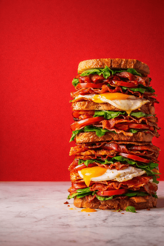 Sample Ad - Giant Sandwich Stack on Red Background