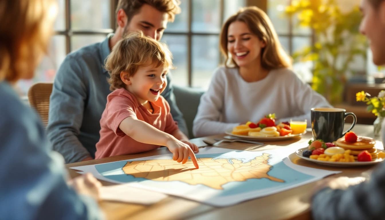 A family sharing breakfast at U.S. Egg while a child points at a colorful illustrated map of the United States spread across the table