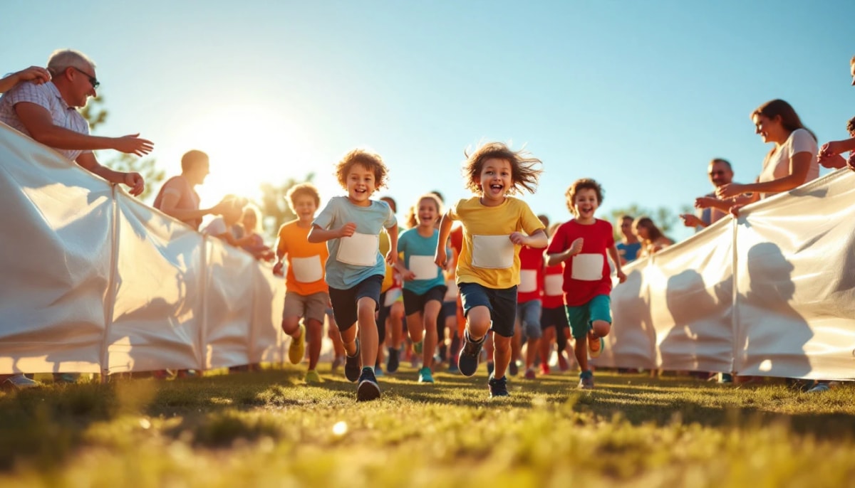 Young children in race bibs running across a sunny Phoenix start line at the Mollen Mile kids fun-run, sponsored by U.S. Egg