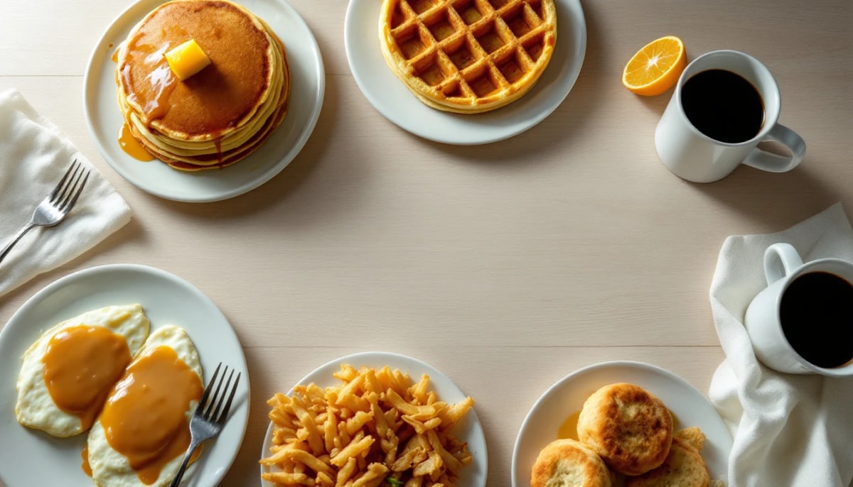 A sunlit U.S. Egg breakfast spread with pancakes, a Belgian waffle, eggs and hash browns, biscuits and gravy, and coffee