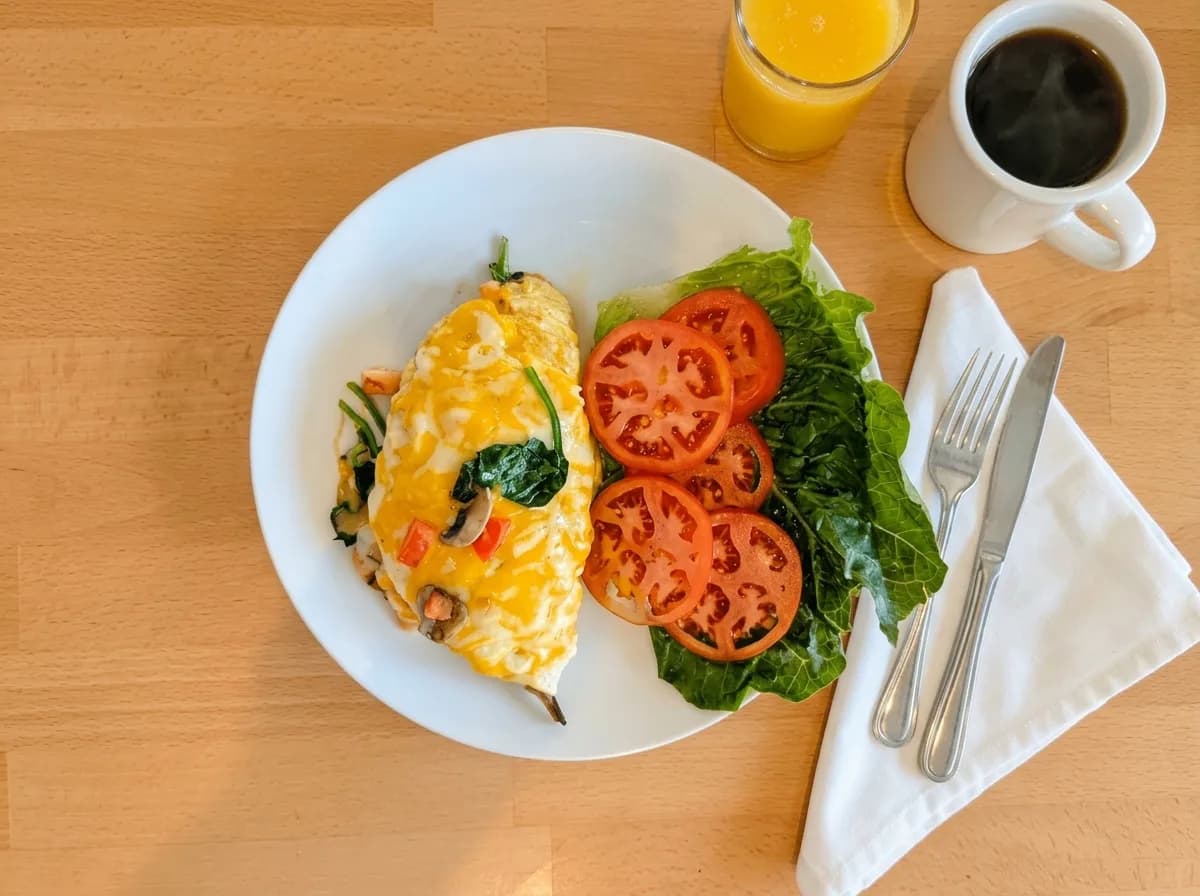Dr. Mollen Omelette - Egg whites folded with fresh spinach, tomatoes, earthy mushrooms, and melted cheddar and jack cheese - U.S. Egg Breakfast & Lunch menu item (vegetarian)