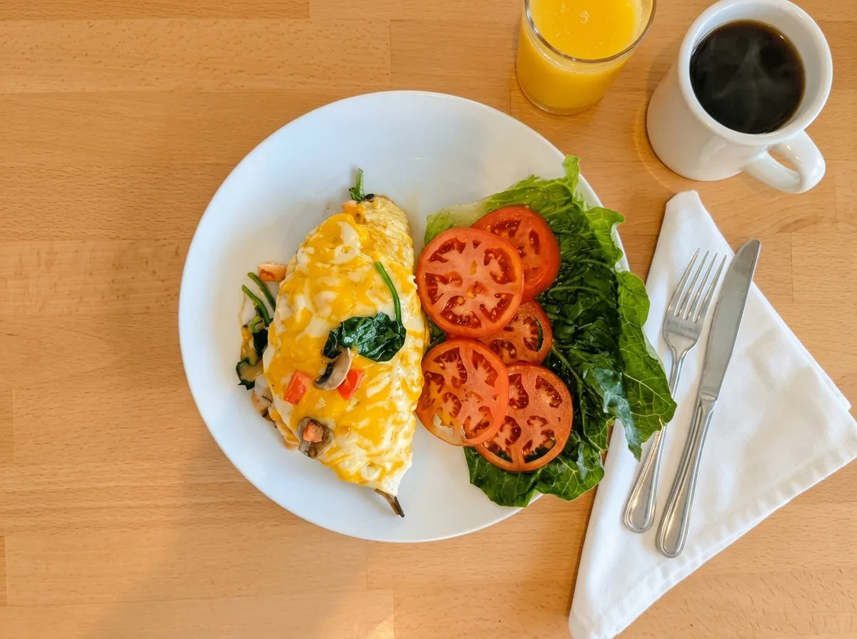 Dr. Mollen Omelette — egg-white omelette with melted cheddar and jack, spinach and mushrooms, served with sliced tomatoes on a bed of greens