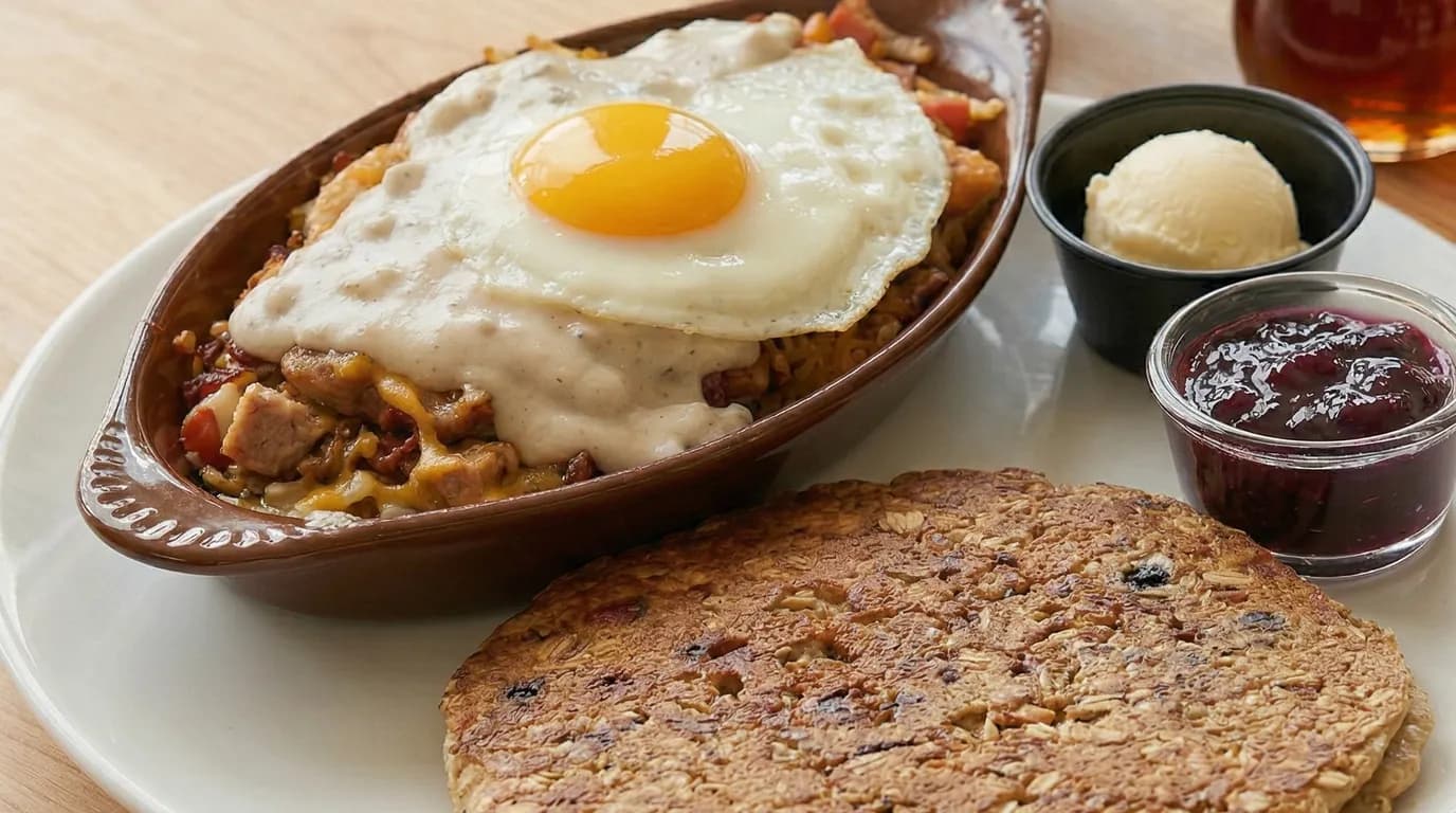 Half & Half - The best of both worlds! Two smaller protein pancakes packed with blueberries, granola and almonds, - U.S. Egg Breakfast & Lunch menu item