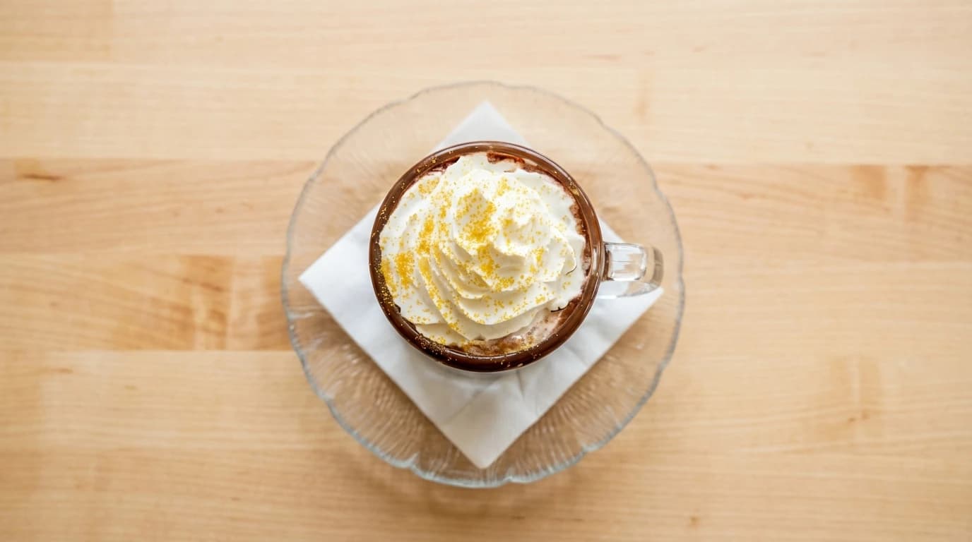 Celebration Mocha - Hot chocolate with chocolate rim, whipped cream and gold sprinkles - U.S. Egg Breakfast & Lunch menu item (gluten-free) (vegetarian)