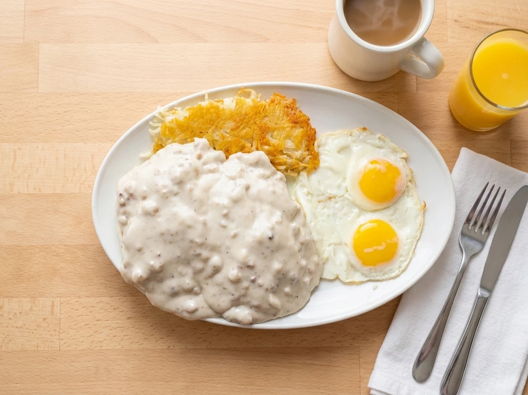 Breakfast plate with biscuits and gravy, crispy hash browns, and two sunny-side-up eggs on a white oval plate.