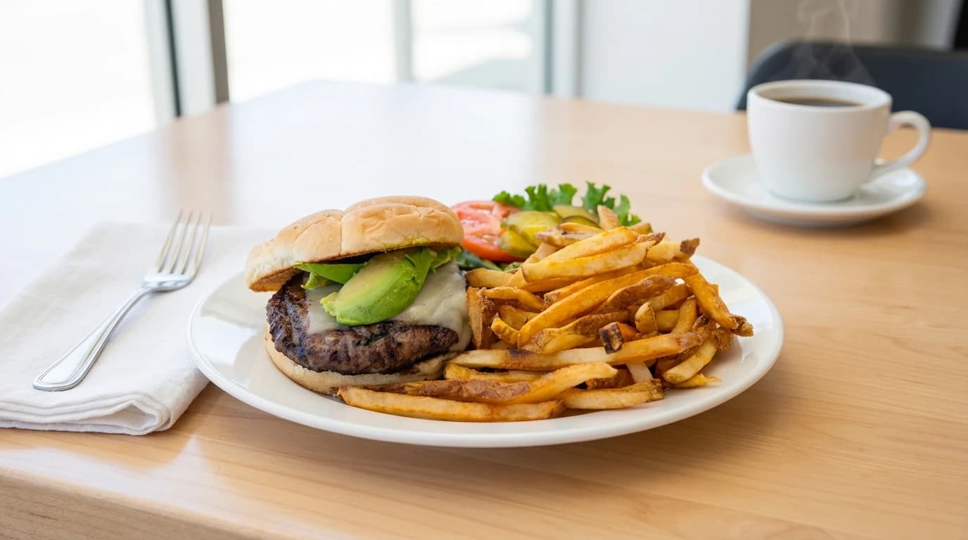 Arizona Burger - Sliced creamy avocado and melted jack cheese on our Angus patty - a southwestern favorite. - U.S. Egg Breakfast & Lunch menu item