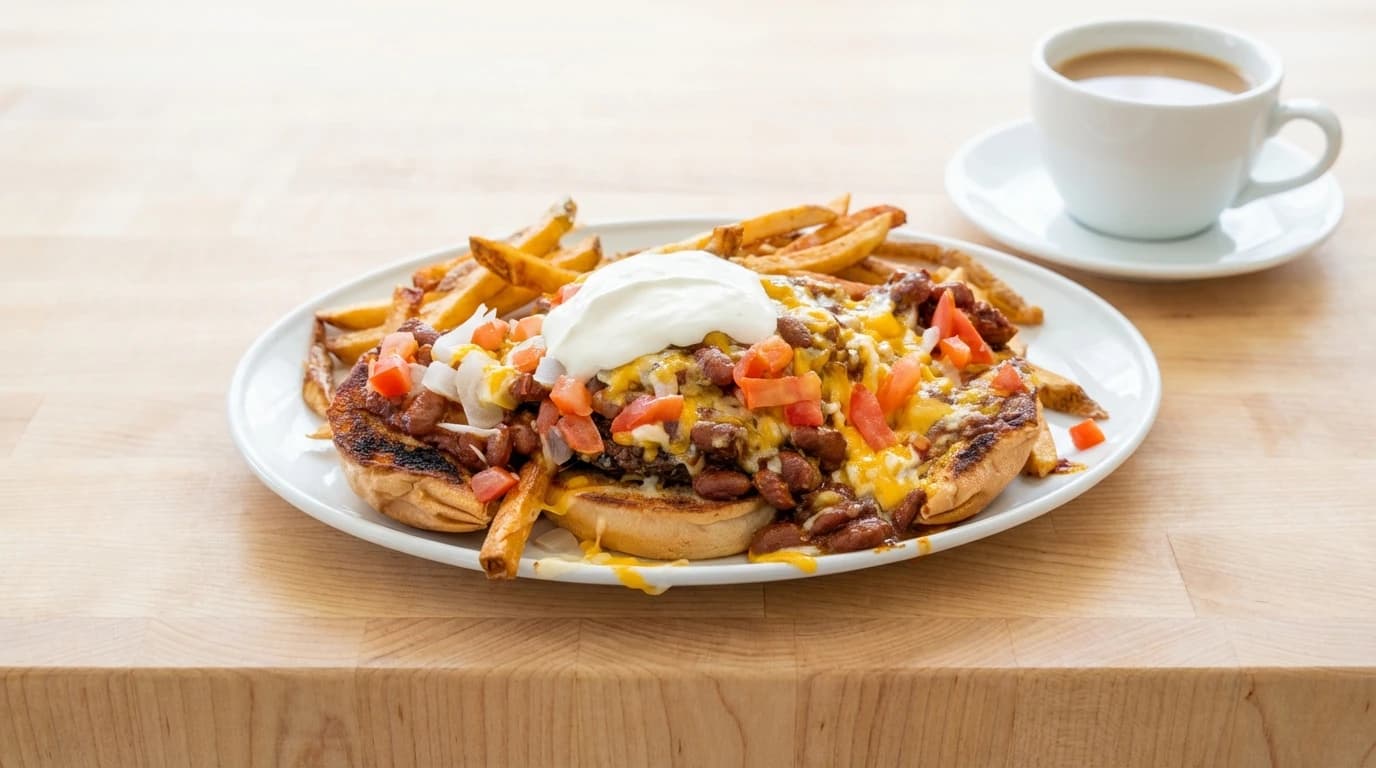 Chili Burger - Piled high with hearty chili, crispy french fries, diced tomatoes, sour cream, melted cheese, and ch - U.S. Egg Breakfast & Lunch menu item