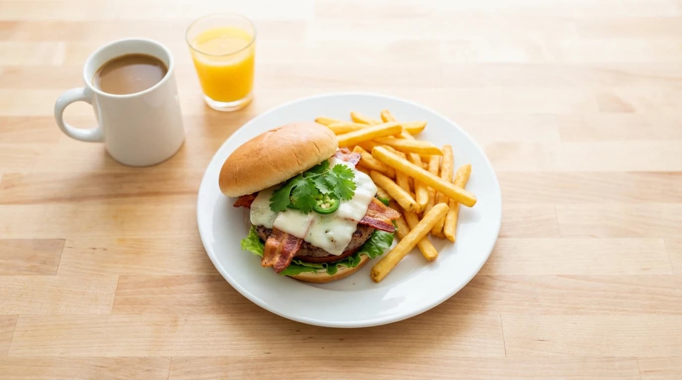Jalapeño Burger - Crispy bacon, fried jalapeño slices, fresh cilantro, and melted jack cheese. Spice lovers rejoice! - U.S. Egg Breakfast & Lunch menu item