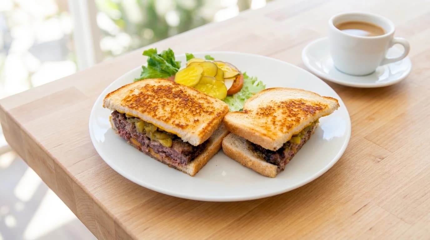Southwest Burger - Zesty green chili sauce and melted cheddar cheese on grilled sourdough with our Angus patty. - U.S. Egg Breakfast & Lunch menu item