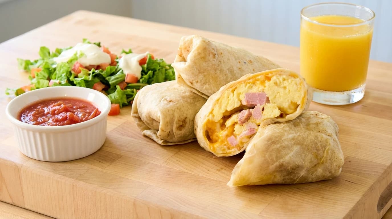 Veggie Breakfast Burrito Tray - (Serves 5) Avocado and scrambled eggs in a grilled tortilla served with salsa and sour cream. - U.S. Egg Breakfast & Lunch menu item (vegetarian)