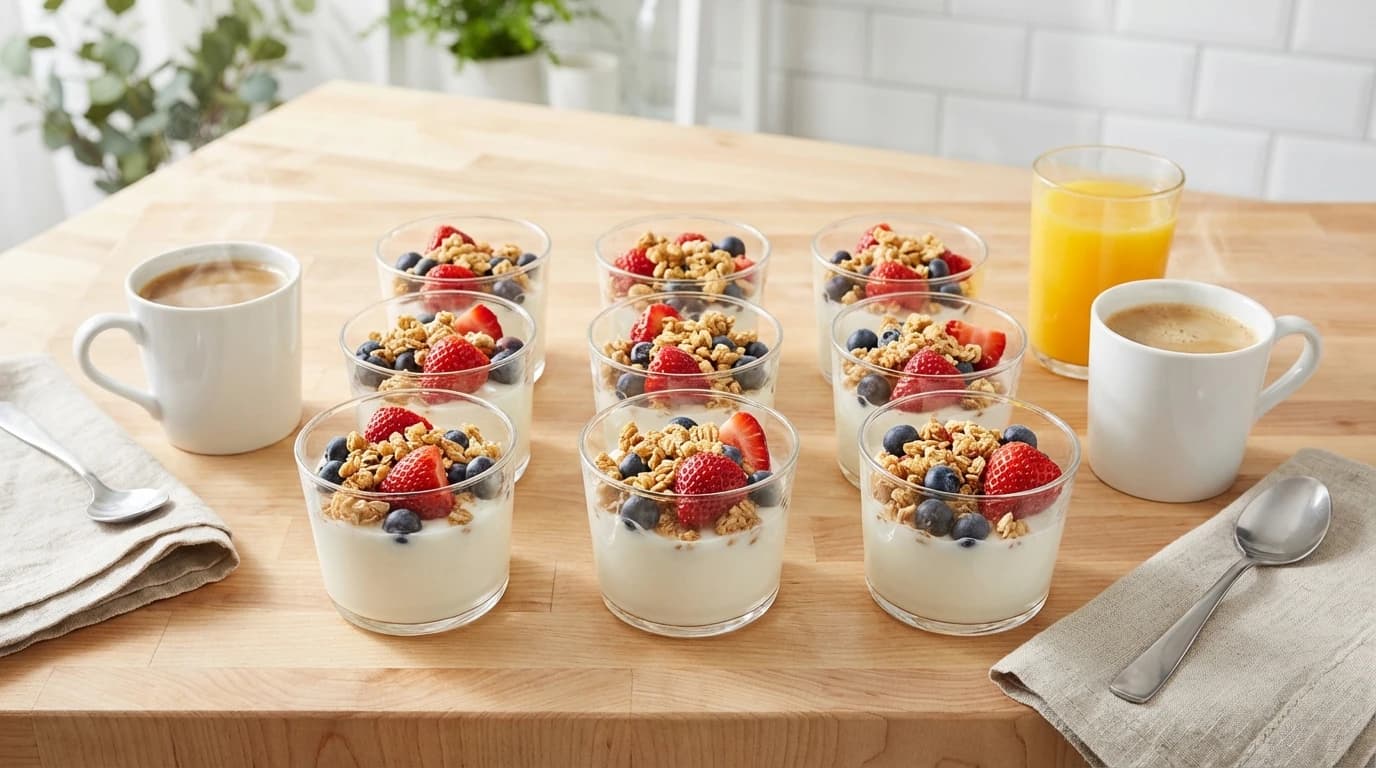 Yogurt Parfait Cup - (Serves 5) Strawberry yogurt with crunchy granola and fresh blueberries. - U.S. Egg Breakfast & Lunch menu item (vegetarian)