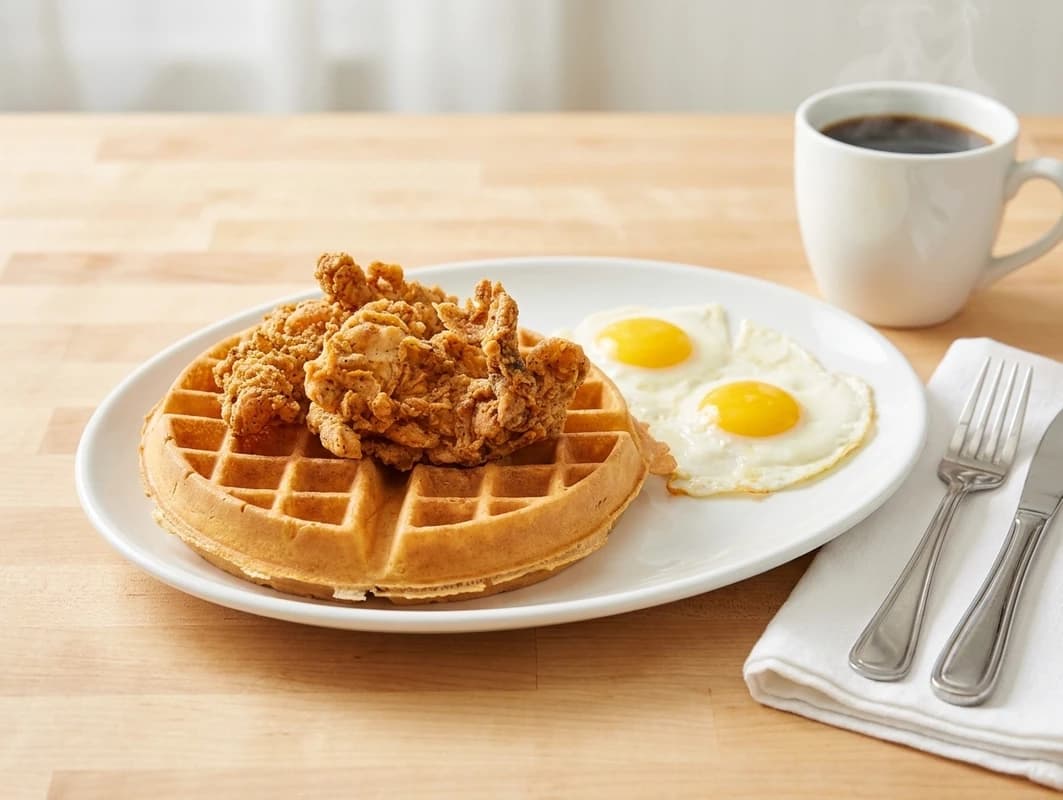 Chicken & Waffles - Sweet & Savory Sensation - The ultimate sweet and savory combination! Three crispy, hand-breaded fried chicken strips served al - U.S. Egg Breakfast & Lunch menu item