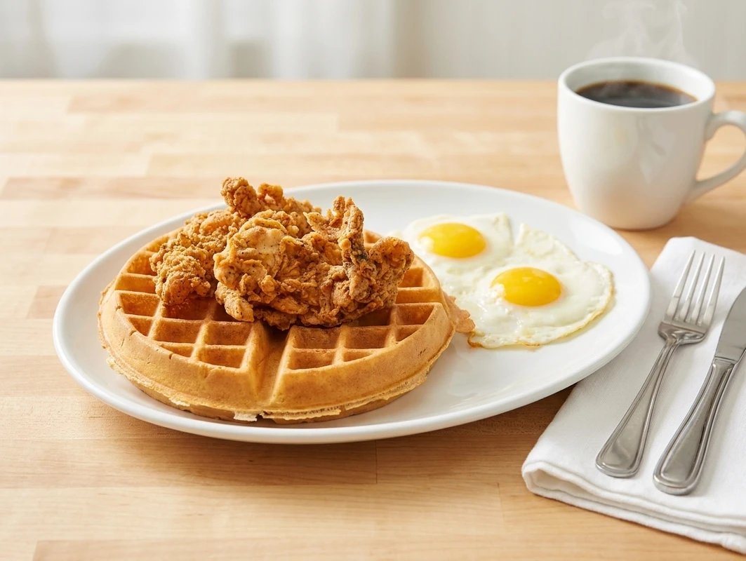 Crispy fried chicken pieces on a golden waffle with two fried eggs on a white plate.