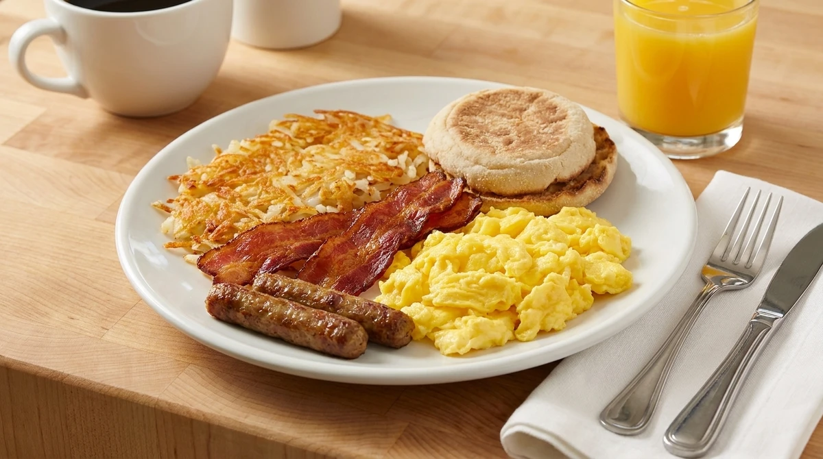 Classic breakfast plate with crispy hash browns, fluffy scrambled eggs, two strips of bacon, two sausage links, and an English muffin.