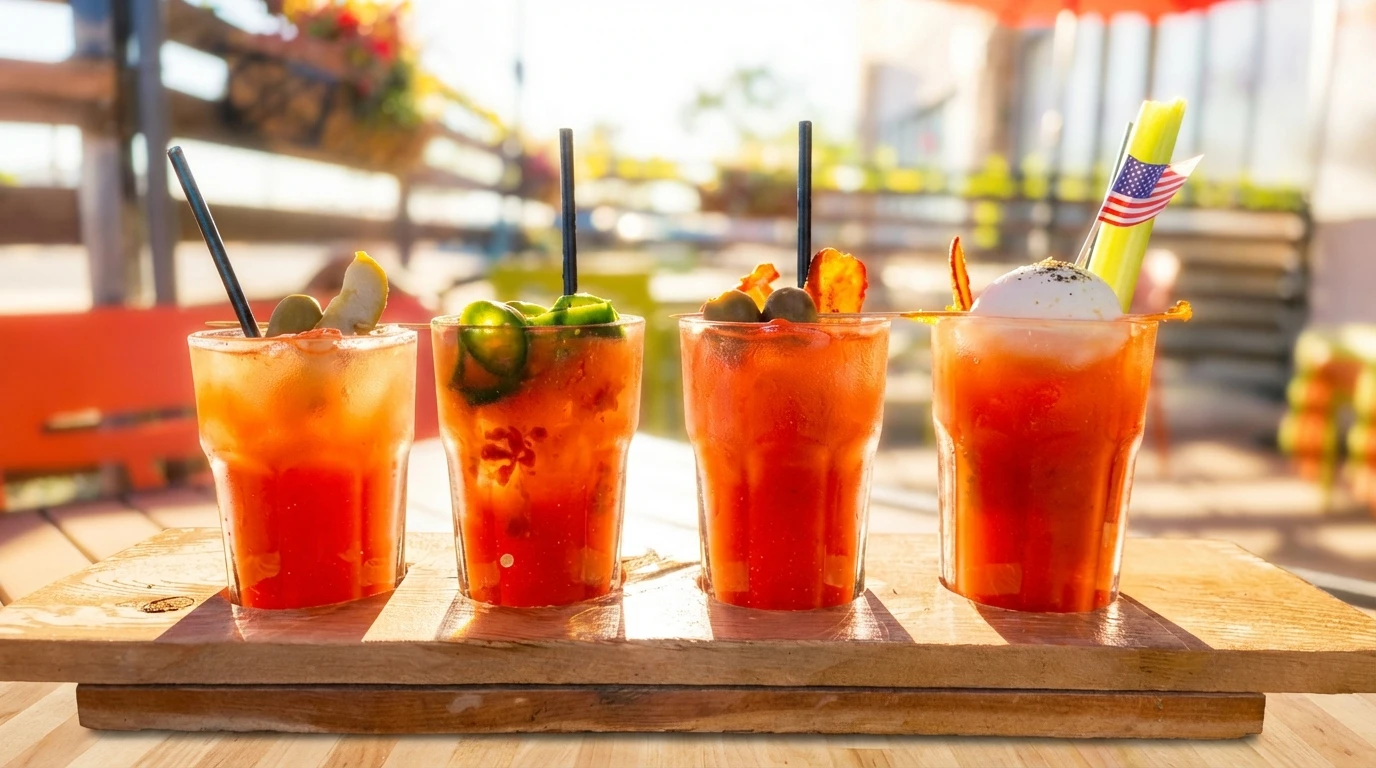 U.S. Egg Bloody Mary Flight β four scratch-made varieties on a wooden board, perfect for Scottsdale Spring Training season