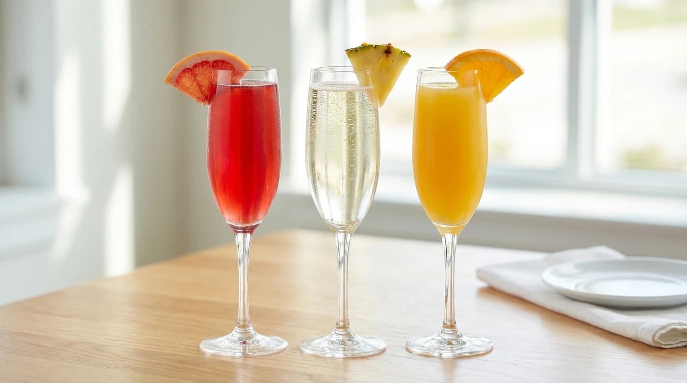 The Forty Flight - Champagne, cranmosa, sunrise - a trio of celebration cocktails - U.S. Egg Breakfast & Lunch menu item (vegan) (gluten-free) (vegetarian)