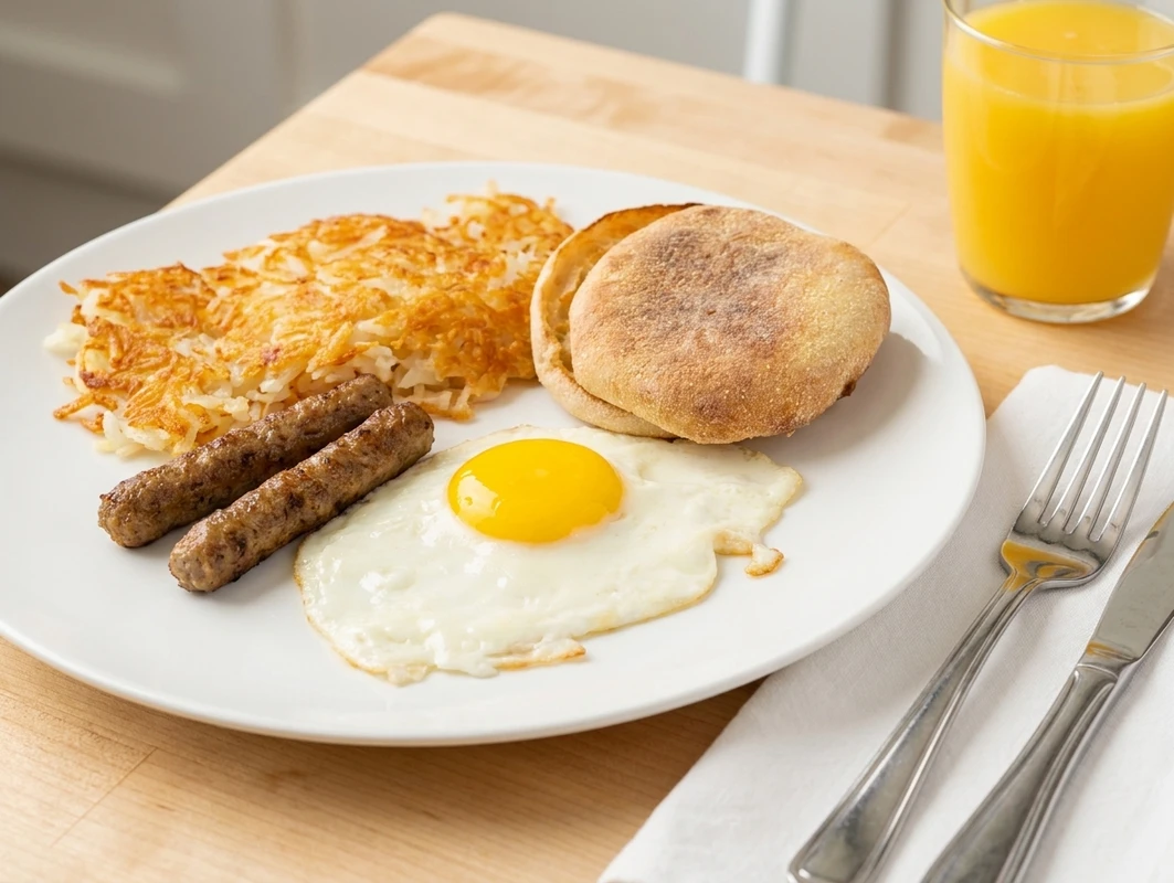 A classic breakfast plate featuring a sunny-side up egg, two sausage links, golden hash browns, and an English muffin.