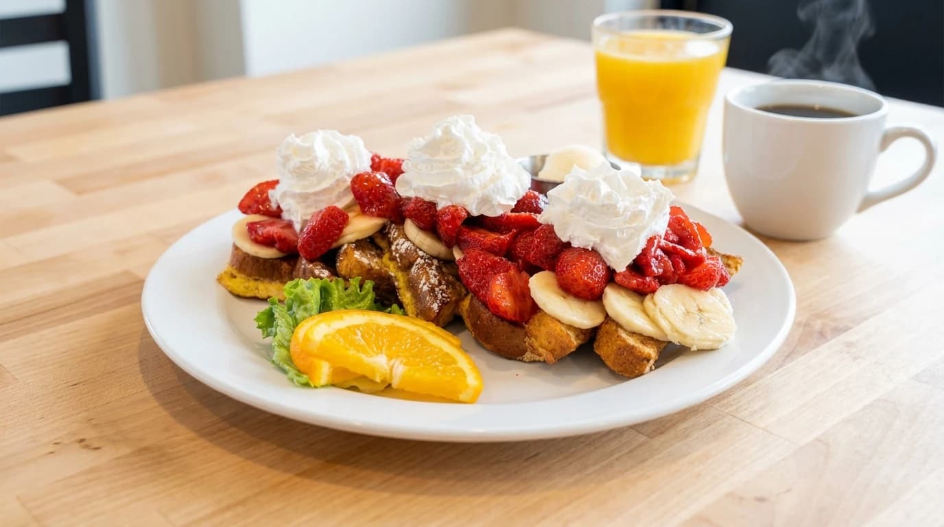 GF Bay Area French Toast - Our gluten-free French toast topped with freshly sliced bananas and juicy strawberries. A fruity Cal - U.S. Egg Breakfast & Lunch menu item (gluten-free) (vegetarian)