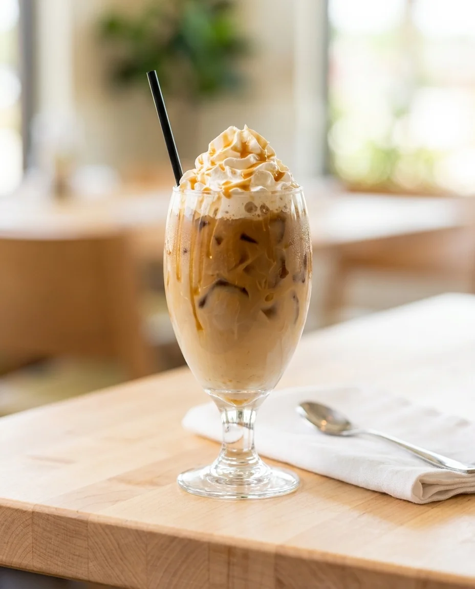 Iced latte with whipped cream and a dark straw in a tall glass, on a bar counter with blurred background.