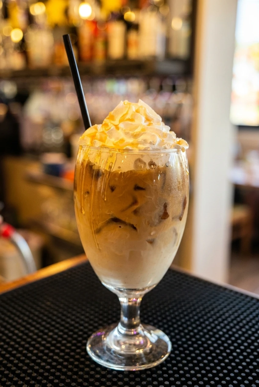 Iced honey latte with whipped cream and honey drizzle in a tall stemmed glass at the bar