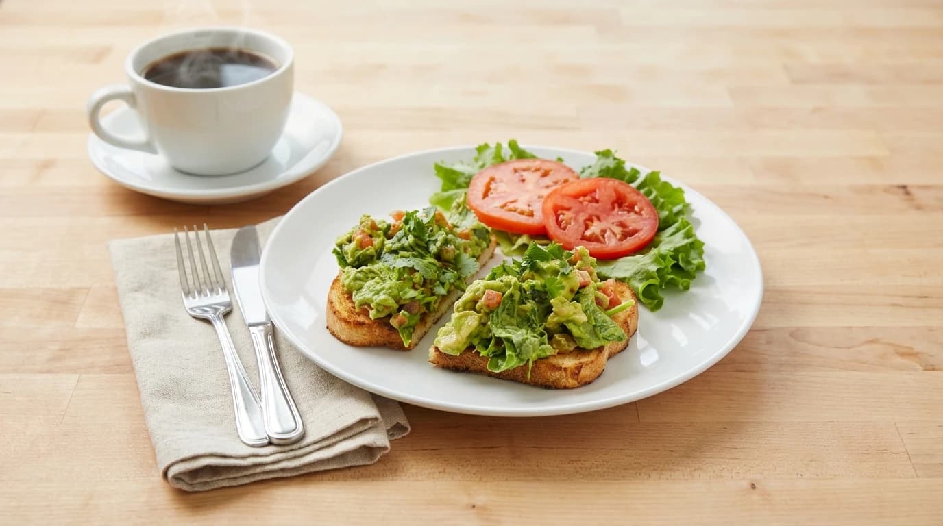 Vegan Avocado Toast - Creamy smashed avocado piled high with fresh tomato and chopped cilantro, and a bright slice of lemo - U.S. Egg Breakfast & Lunch menu item (vegan) (gluten-free) (vegetarian)