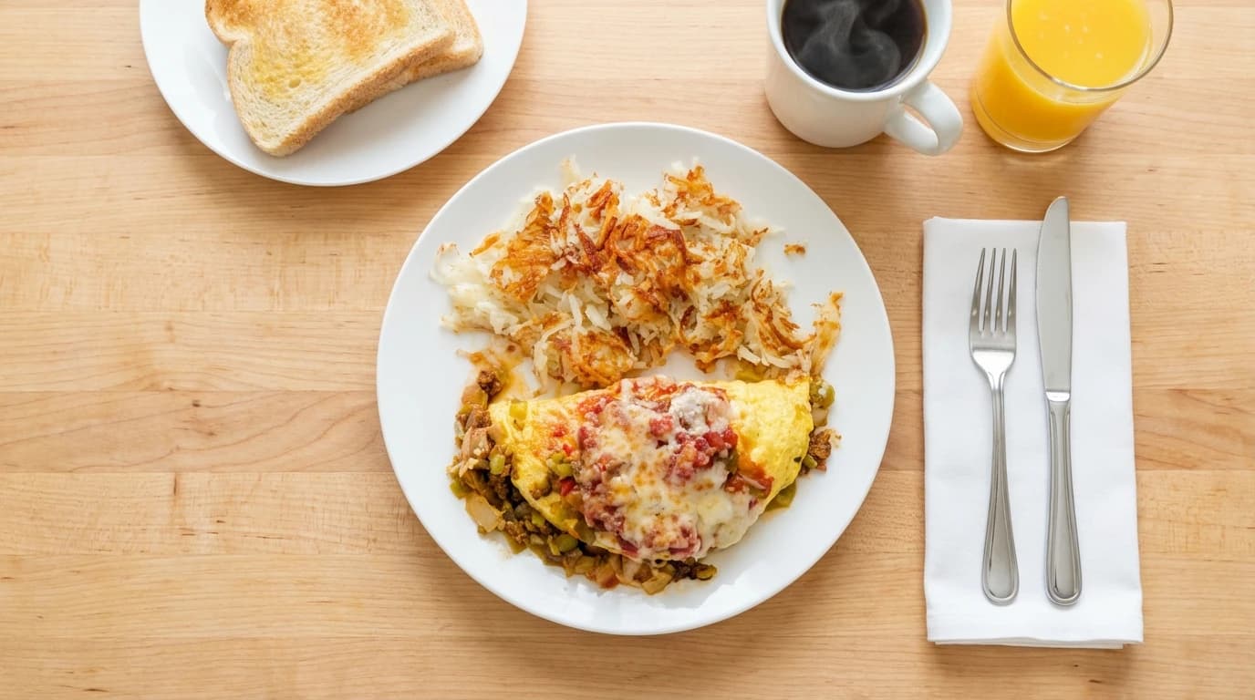 Going South Omelette - Spicy chorizo, green chilies, onions, salsa, and melted jack cheese. Spice up your morning! - U.S. Egg Breakfast & Lunch menu item
