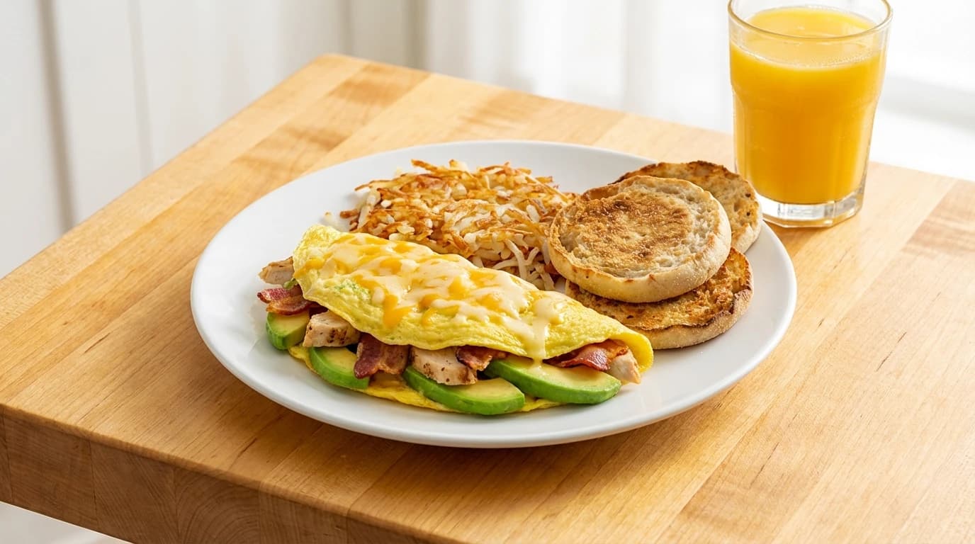 Chicken, Avocado, Bacon & Tomato Skillet - Grilled chicken, creamy avocado, crispy bacon, and fresh tomatoes topped with melted cheese. - U.S. Egg Breakfast & Lunch menu item